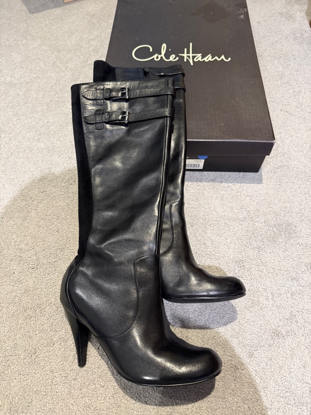 Cole Haan Black Leather Knee-High Buckle Heeled Boots/ Air Jalisa